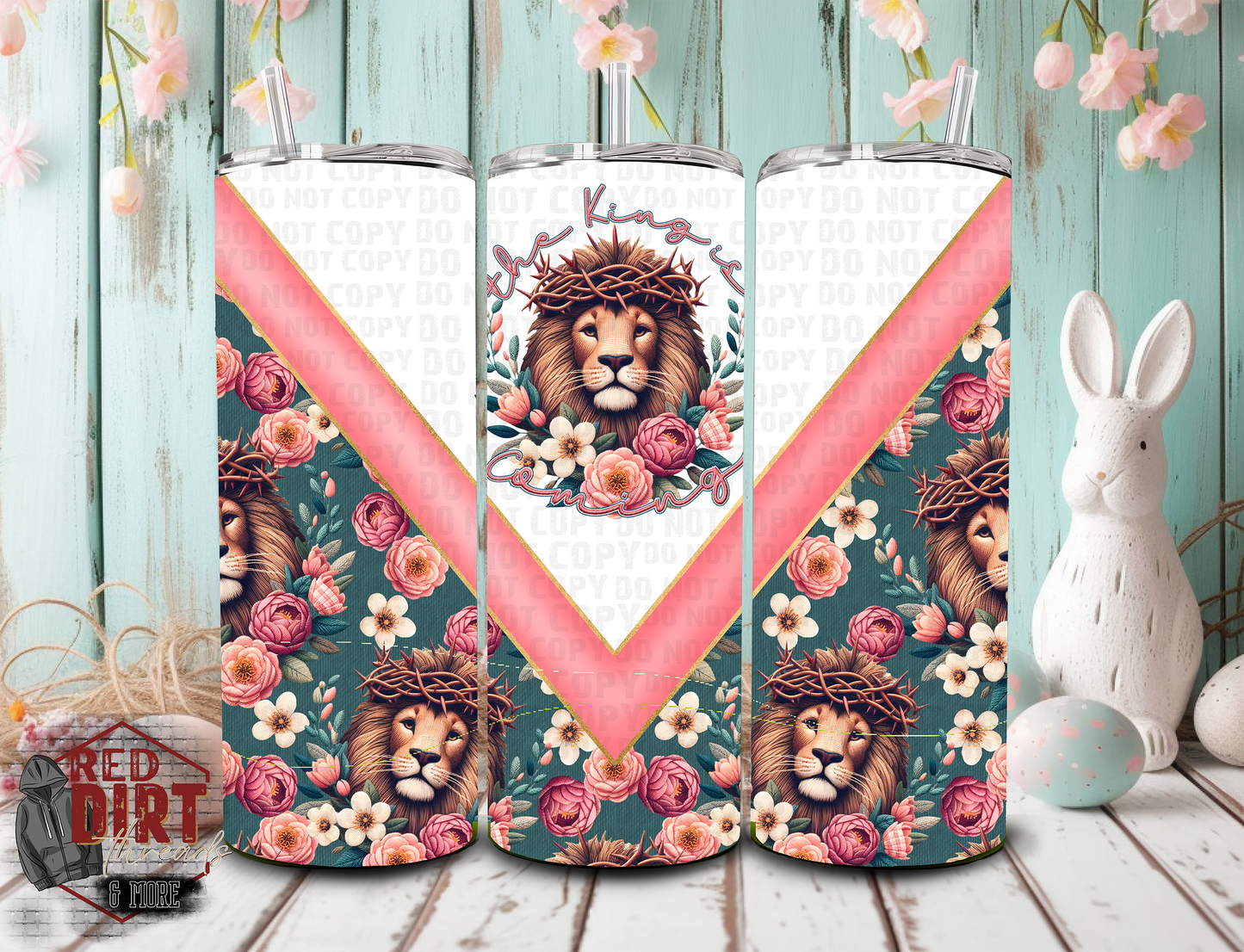 The King is Coming Insulated Tumbler with Plastic Lid and Sealed Reusable Straw | Easter Faux Embroidery Cup | Hot/Cold Tumbler