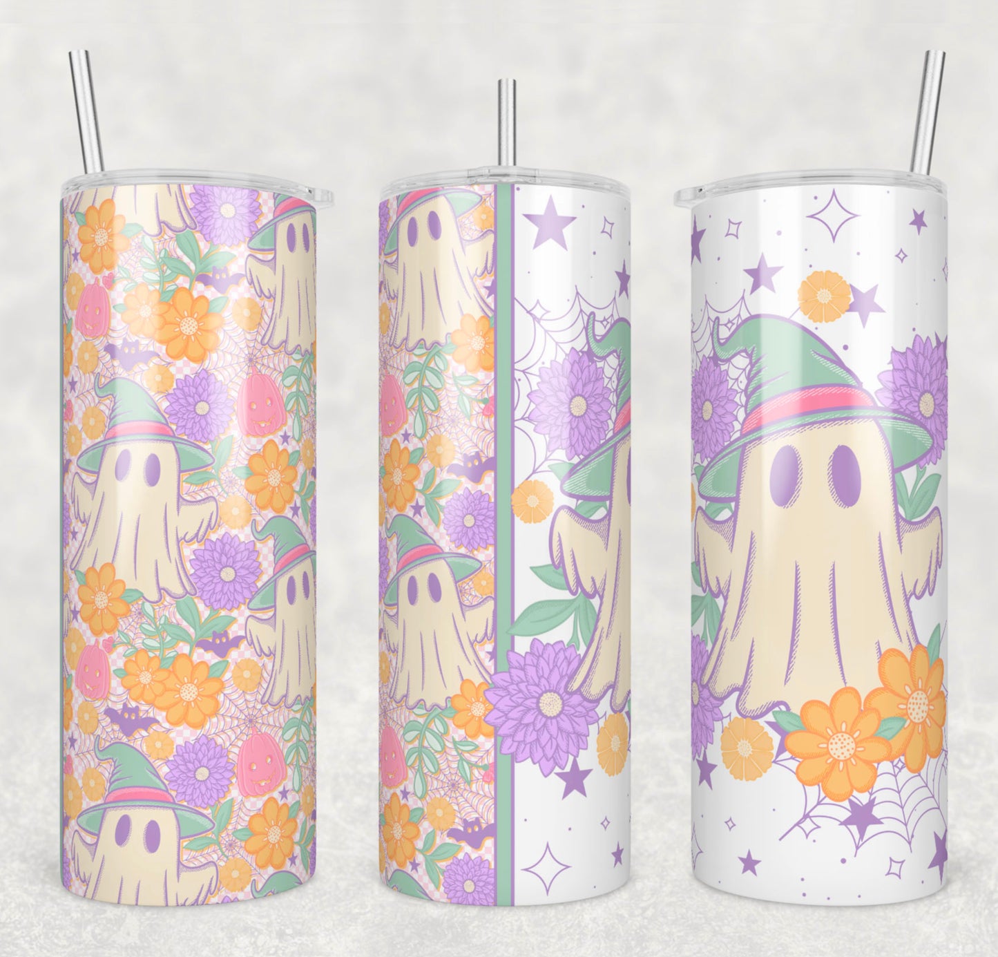 Floral Ghost Insulated Tumbler with Plastic Lid and Sealed Reusable Straw | Trendy Halloween Cup | Hot/Cold Tumbler