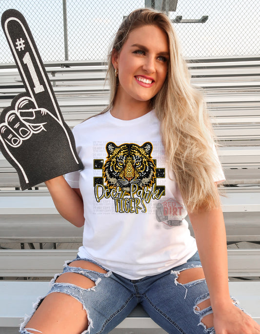 Deer Park Tigers Faux Rhinestone T-Shirt | Trendy School Spirit Shirt | Fast Shipping | Super Soft Shirts for Men/Women/Kid's | Bella Canvas