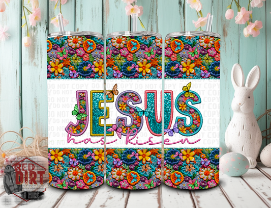 Jesus has Risen Insulated Tumbler with Plastic Lid and Sealed Reusable Straw | Easter Faux Embroidery Cup | Hot/Cold Tumbler