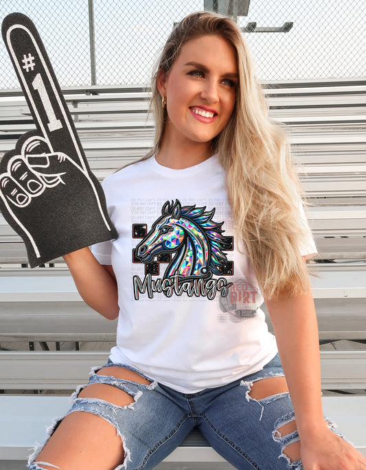 Mustangs Faux Rhinestone T-Shirt | Trendy School Spirit Shirt | Fast Shipping | Super Soft Shirts for Men/Women/Kid's | Bella Canvas