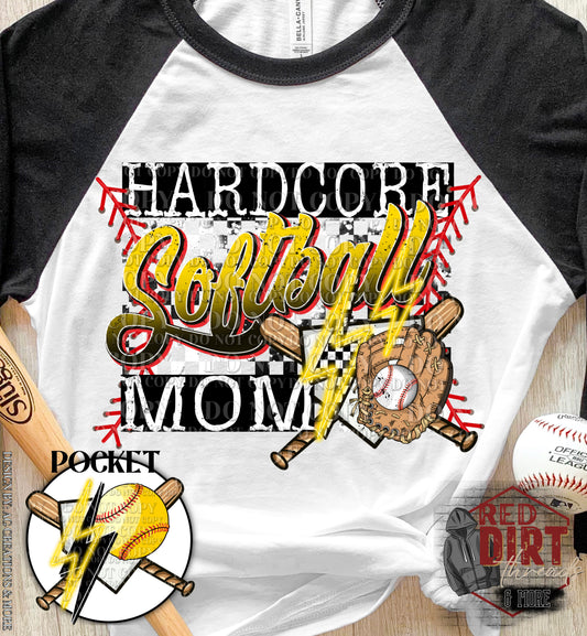 Hardcore Softball Mom DTF Transfer with Pocket | Trendy Sports DTF Transfer | High Quality Image Transfers | Ready to Press | Fast Shipping