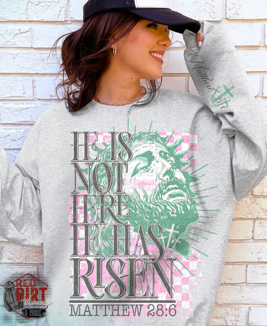 He is Not Here He Has Risen DTF Transfer with Sleeves | Trendy Easter DTF Transfer | High Quality Image Transfers | Ready to Press | Fast Shipping