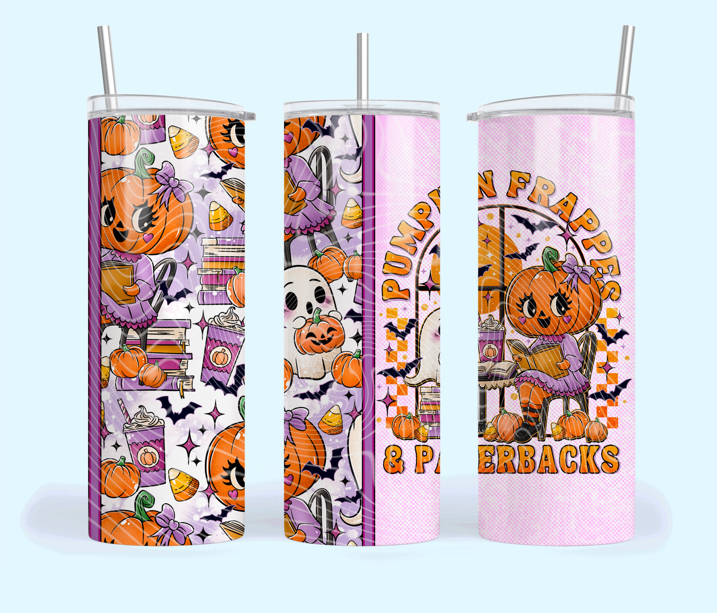 Pumpkin Frappe's and Paperbacks Insulated Tumbler with Plastic Lid and Sealed Reusable Straw | Trendy Halloween Cup | Hot/Cold Tumbler