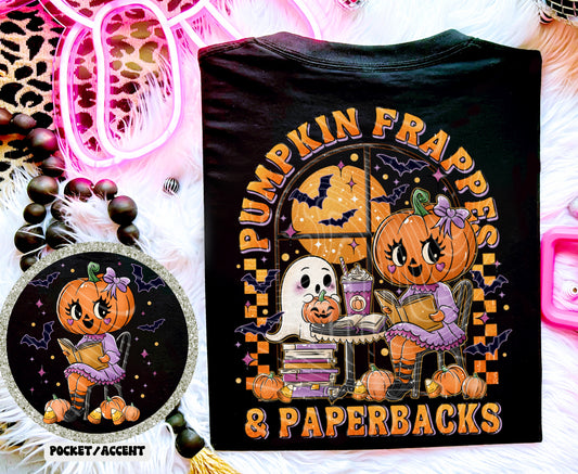 Pumpkin Frappe's and Paperbacks DTF Transfer with Pocket/Sleeve | Trendy Halloween DTF Transfer | High Quality Image Transfers | Ready to Press | Fast Shipping