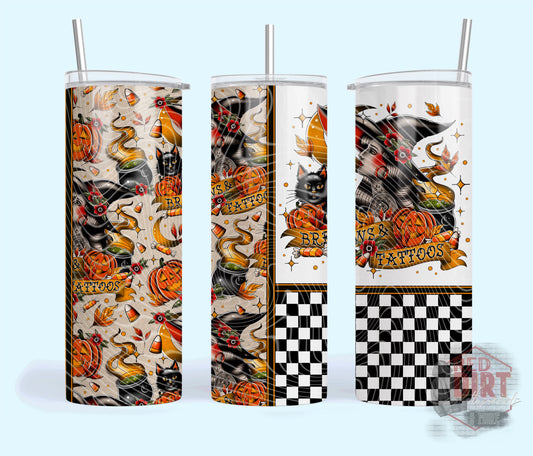 Brews and Tattoos Insulated Tumbler with Plastic Lid and Sealed Reusable Straw | Trendy Halloween Cup | Hot/Cold Tumbler