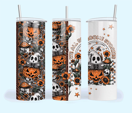 We All Become Stories Insulated Tumbler with Plastic Lid and Sealed Reusable Straw | Trendy Halloween Cup | Hot/Cold Tumbler