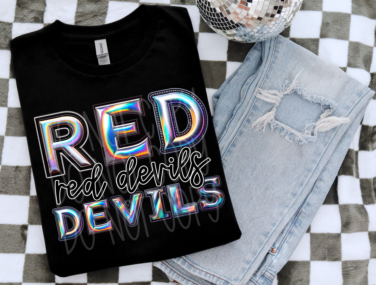 Red Devils Faux Holographic DTF Transfer | Trendy School Spirit DTF Transfer | Ready to Press | High Quality DTF Transfers | Fast Shipping