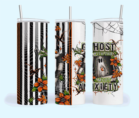 Anxiety Ghost Insulated Tumbler with Plastic Lid and Sealed Reusable Straw | Trendy Halloween Cup | Hot/Cold Tumbler