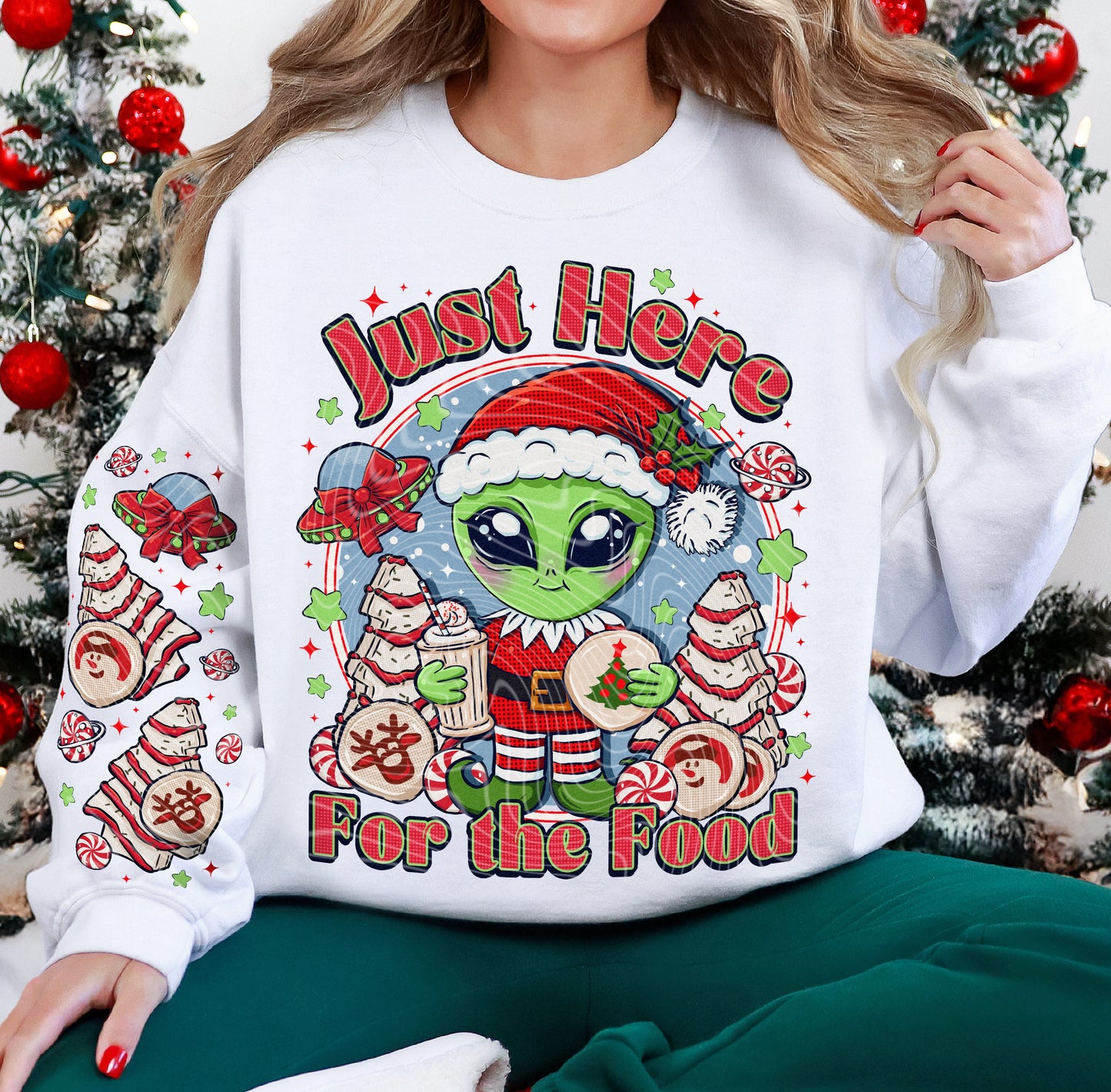 Just Here for the Food DTF Transfer with Sleeve | Trendy Christmas DTF Transfer | High Quality Image Transfers | Ready to Press | Fast Shipping