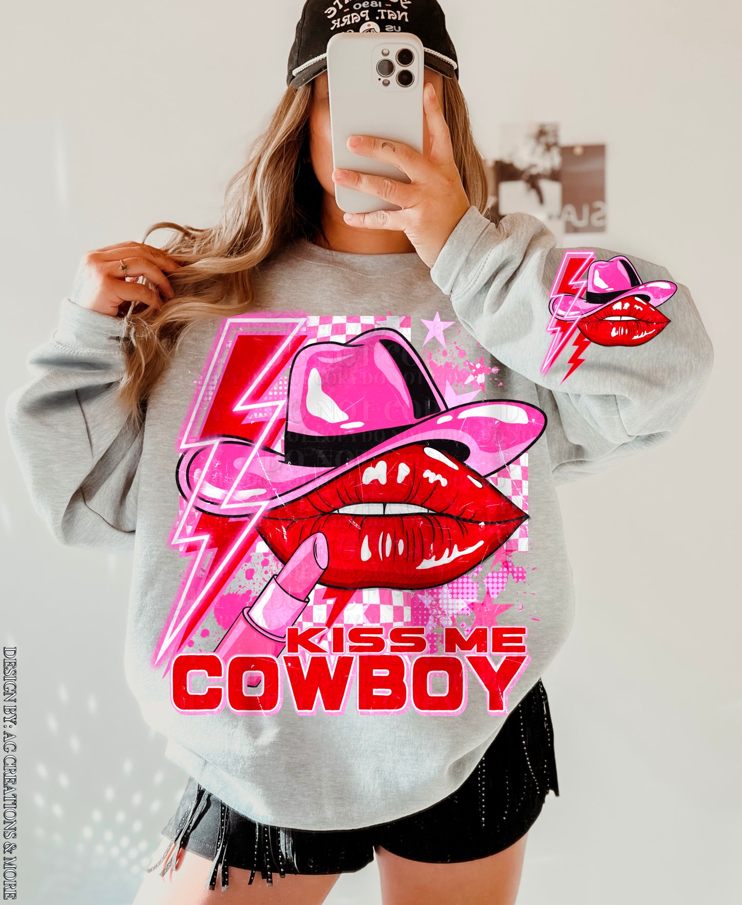 Kiss Me Cowboy DTF Transfer with Sleeve | Trendy DTF Transfer | High Quality Image Transfers | Ready to Press | Fast Shipping