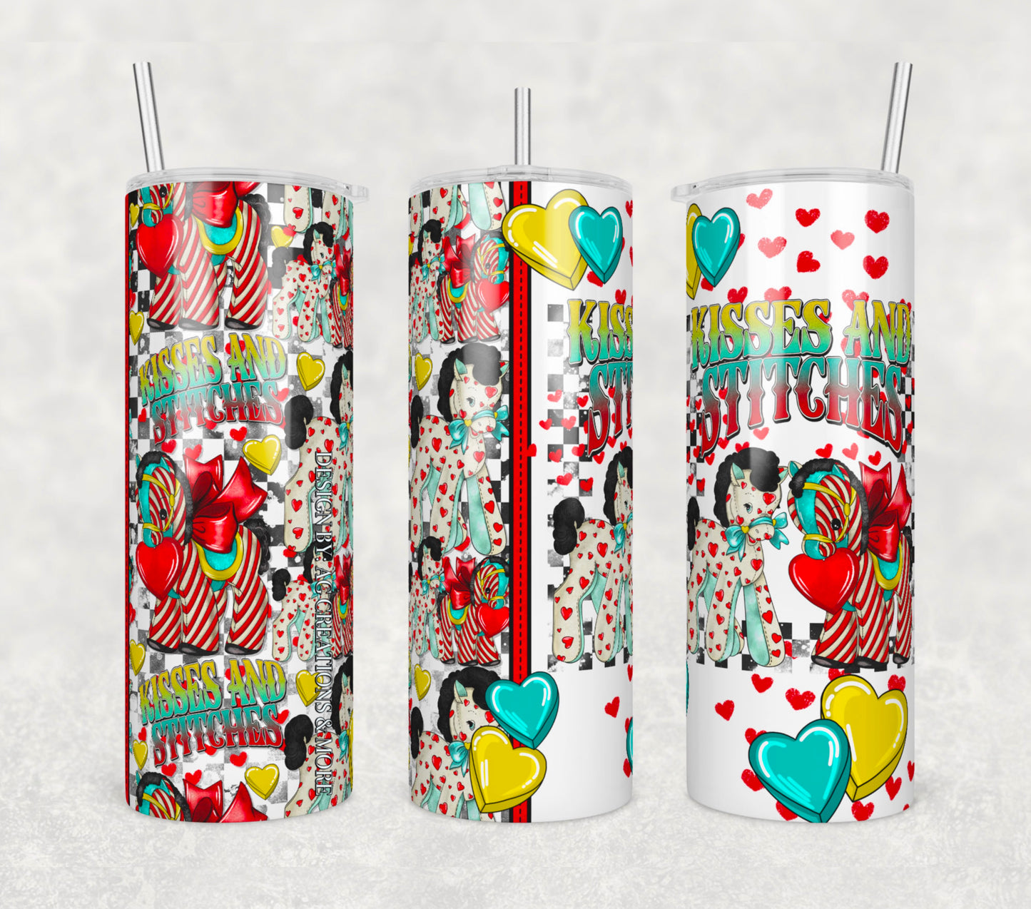 Kisses and Stitches Insulated Tumbler with Plastic Lid and Sealed Reusable Straw | Trendy Valentine Cup | Hot/Cold Tumbler