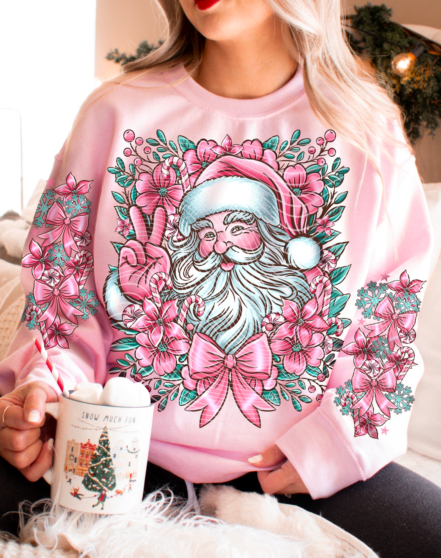 Pink Santa Sweat Shirt | Trendy Christmas Hoodie with Sleeves | Christmas Sweat Shirt | Fast Shipping | Super Soft Shirts for Women