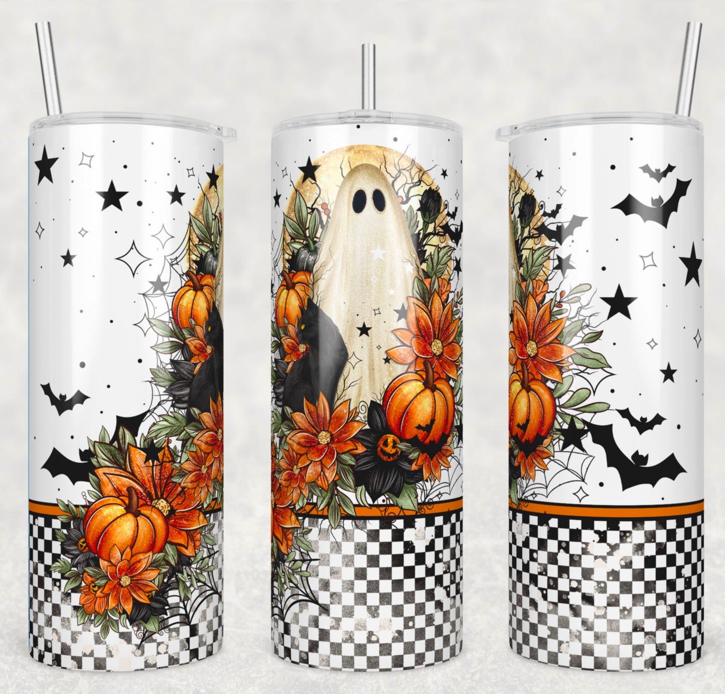 Spooky Ghost Insulated Tumbler with Plastic Lid and Sealed Reusable Straw | Trendy Halloween Cup | Hot/Cold Tumbler