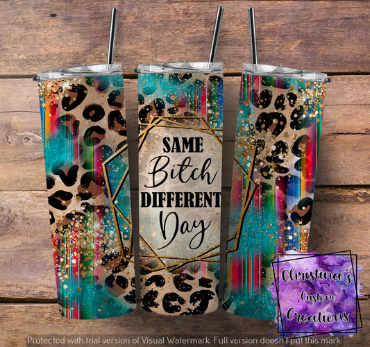 Same Bitch Different Day Insulated Tumbler with Plastic Lid and Sealed Reusable Straw | Adult Humor Cup | Hot/Cold Tumbler