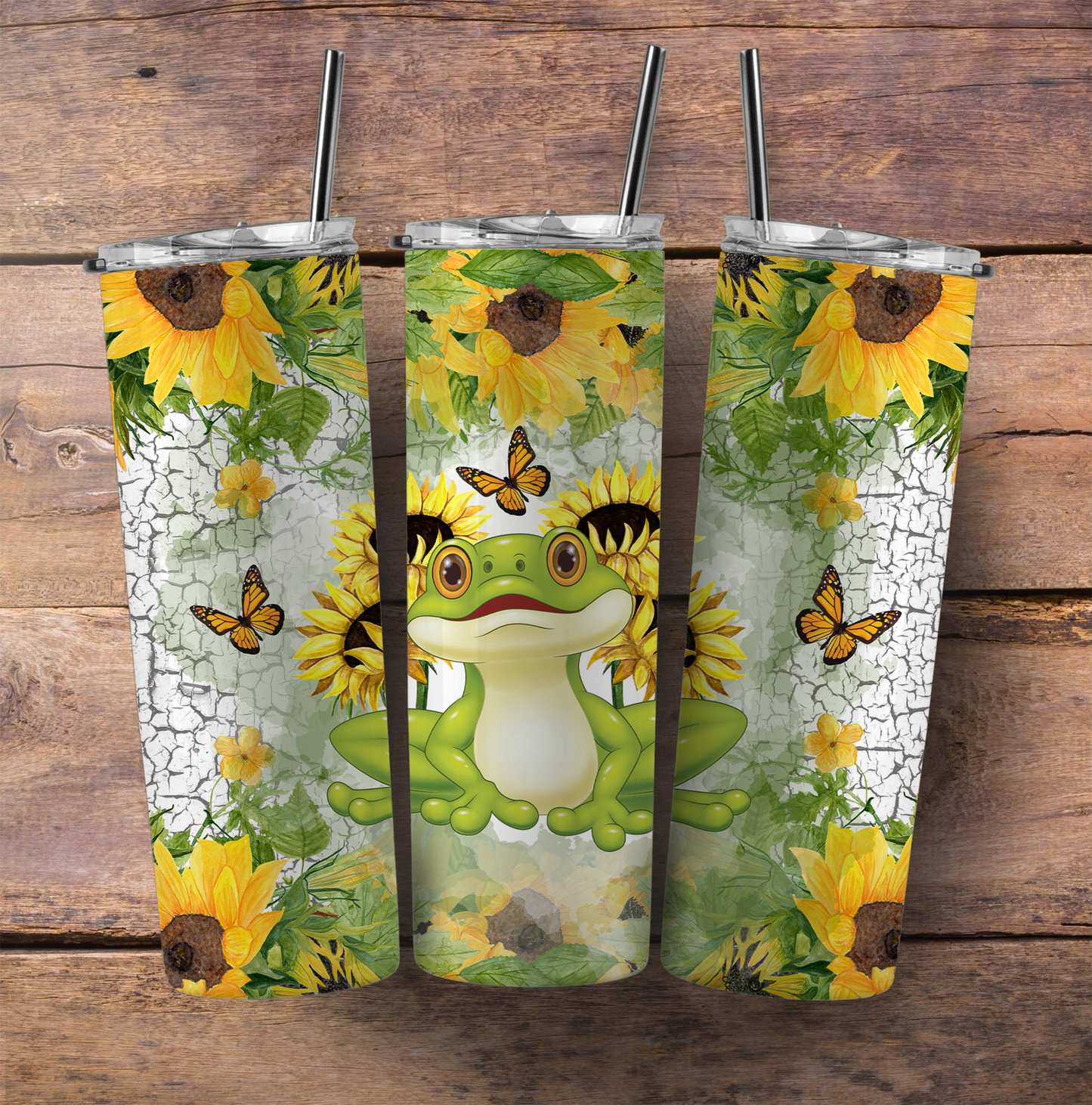 Frogs and Sunflowers Insulated Tumbler with Plastic Lid and Sealed Reusable Straw | Trendy Frog Cup | Hot/Cold Tumbler