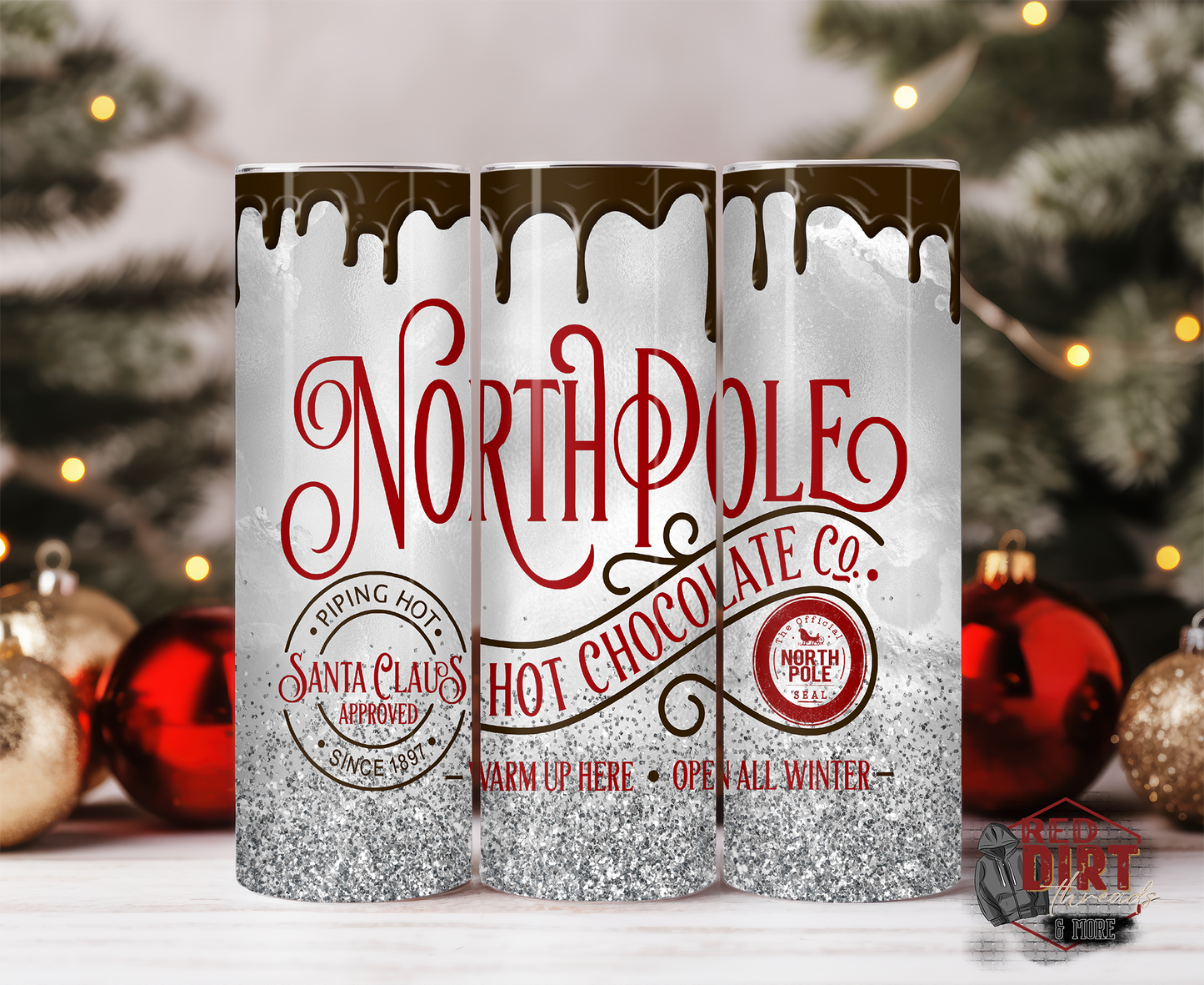 North Pole Hot Chocolate Co. Insulated Tumbler with Plastic Lid and Sealed Reusable Straw | Trendy Christmas Cup | Hot/Cold Tumbler