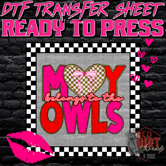 My Heart Belongs to the Owls DTF Transfer | Trendy Valentine's Day DTF Transfer | School Spirit Transfer | Ready to Press | High Quality DTF Transfers | Fast Shipping