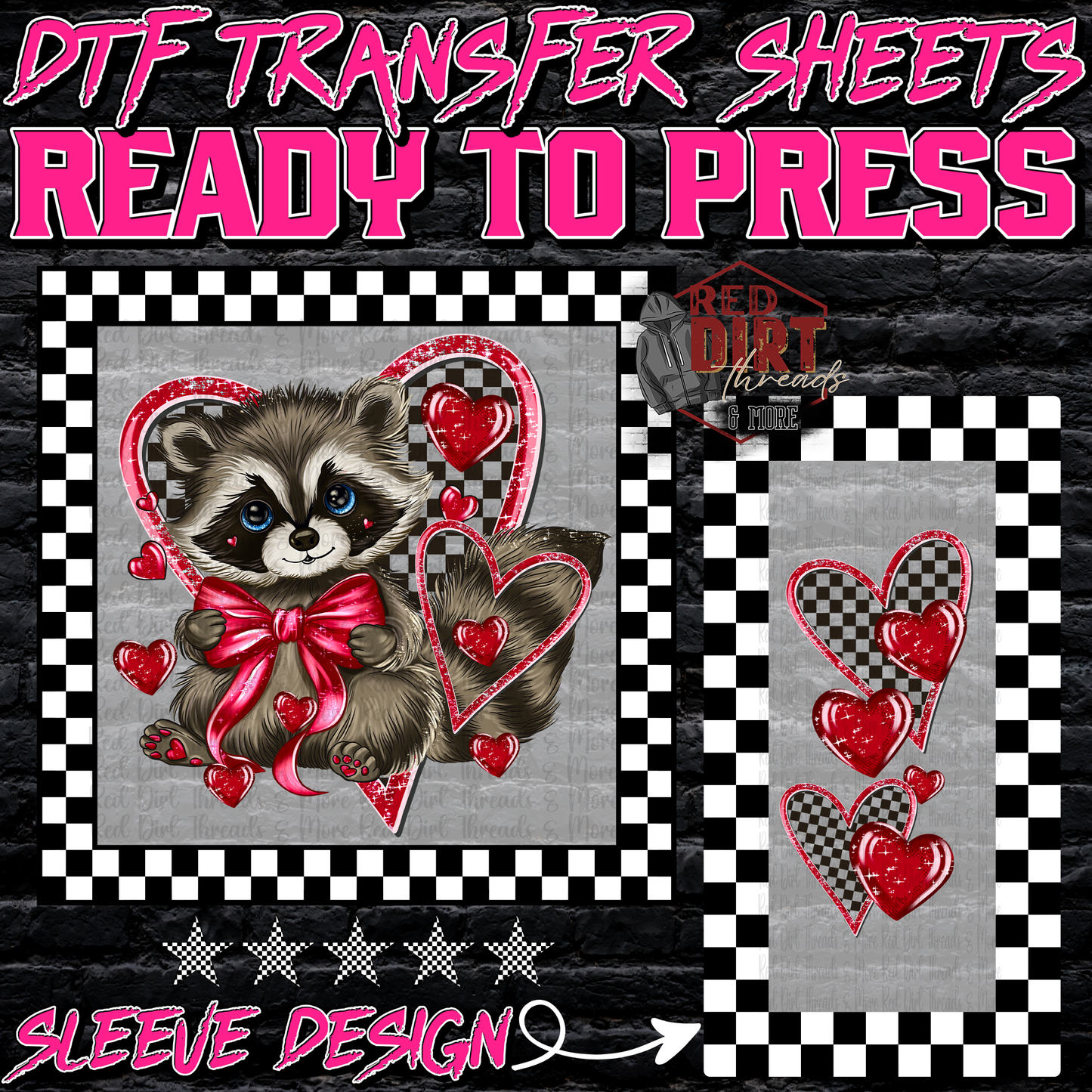 Raccoon Heart DTF Transfer with Sleeve | Trendy Valentine's Day DTF Transfer | High Quality Image Transfers | Ready to Press | Fast Shipping