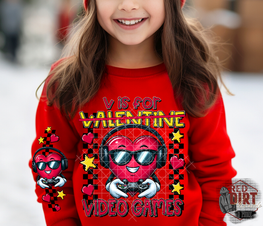 V is for Video Games DTF Transfer with Sleeves | Valentine's Day DTF Transfers | Ready to Press Transfers | High Quality DTF Transfers | Fast Shipping